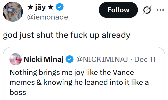 Quote of a Nicki Minaj tweet reading 'god just shut the fuck up already'