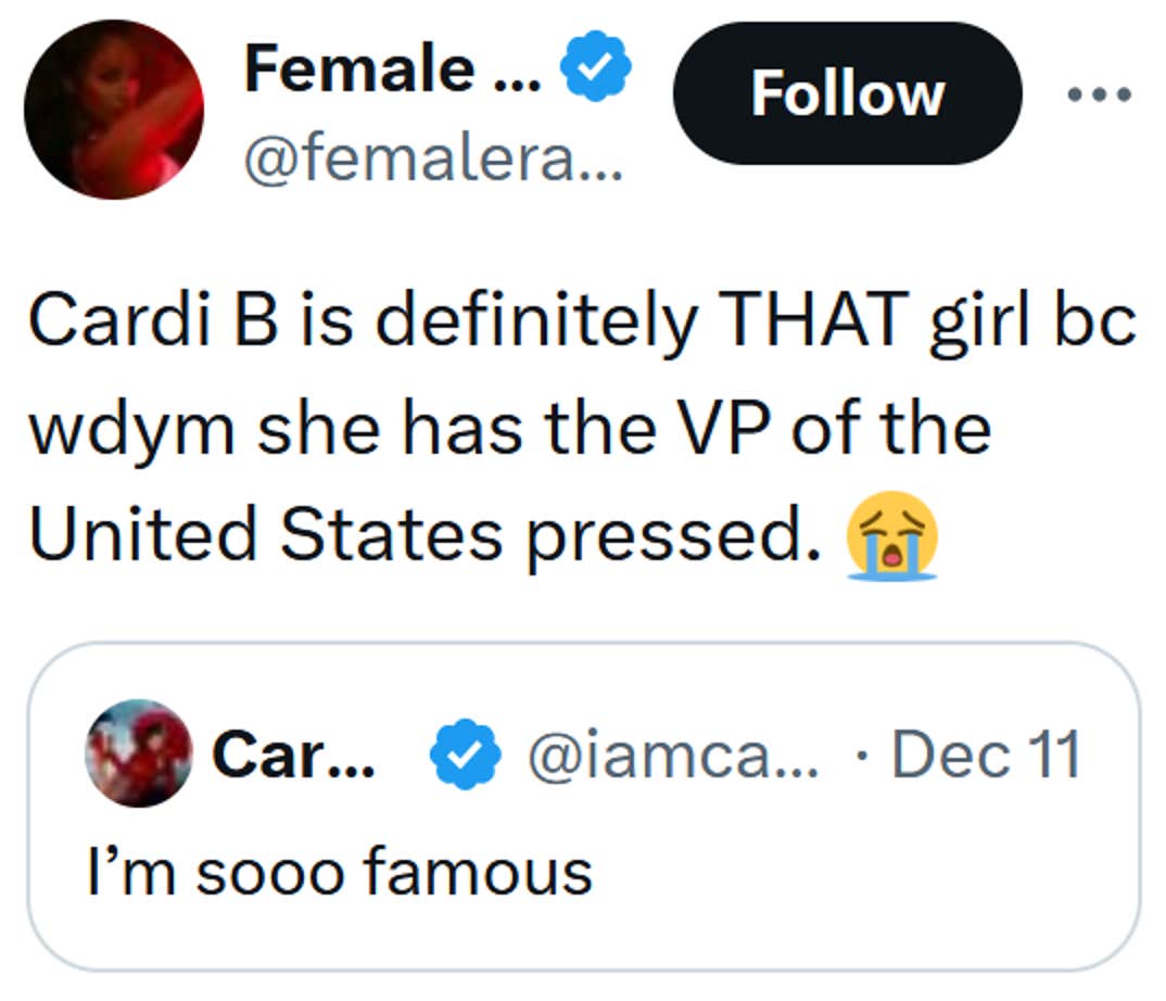 Citação de um tweet de Cardi B dizendo 'Cardi B é definitivamente AQUELA garota porque wdym ela pressionou o vice-presidente dos Estados Unidos'
