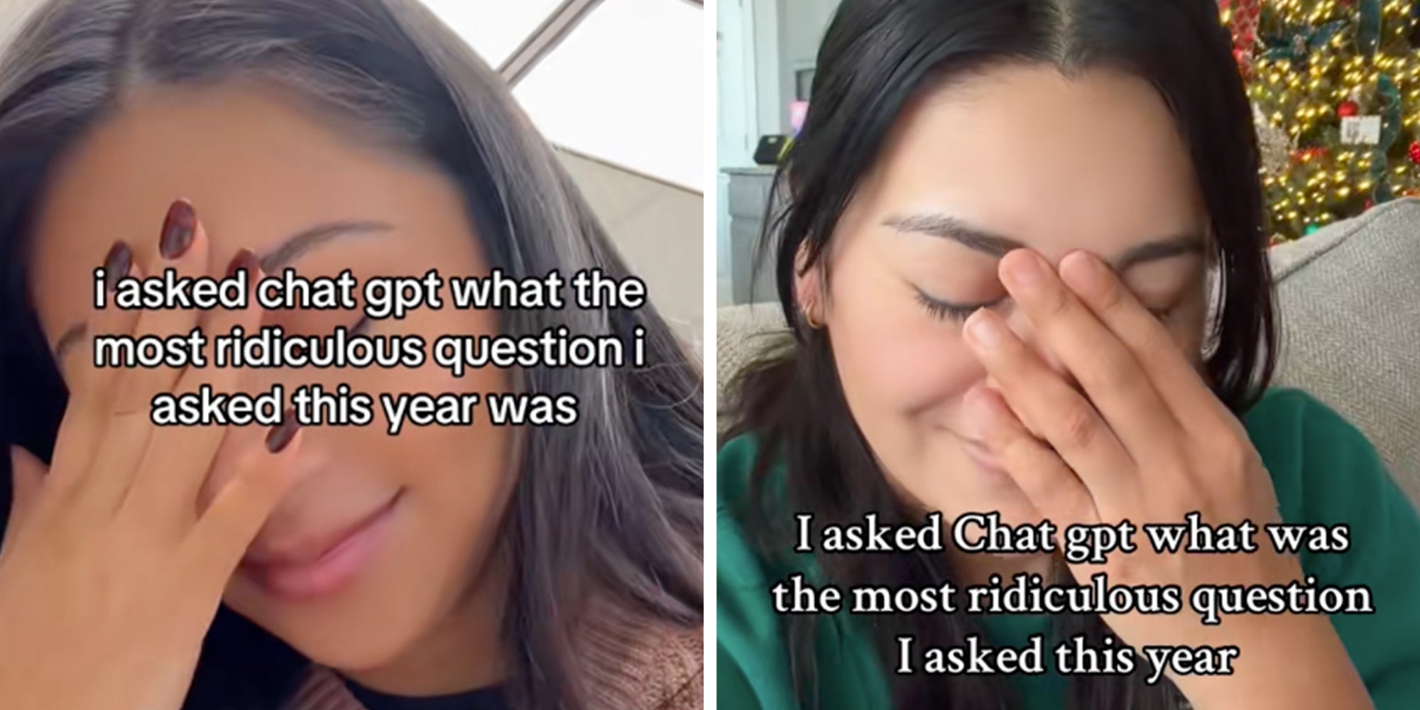 Woman looking ashamed with her head in her hands, text overlay reads, 'I asked ChatGPT what the most ridiculous question I asked this year was.'