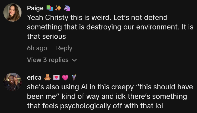 TikTok comments including one reading 'Yeah Christy this is weird. Let’s not defend something that is destroying our environment. It is that serious'