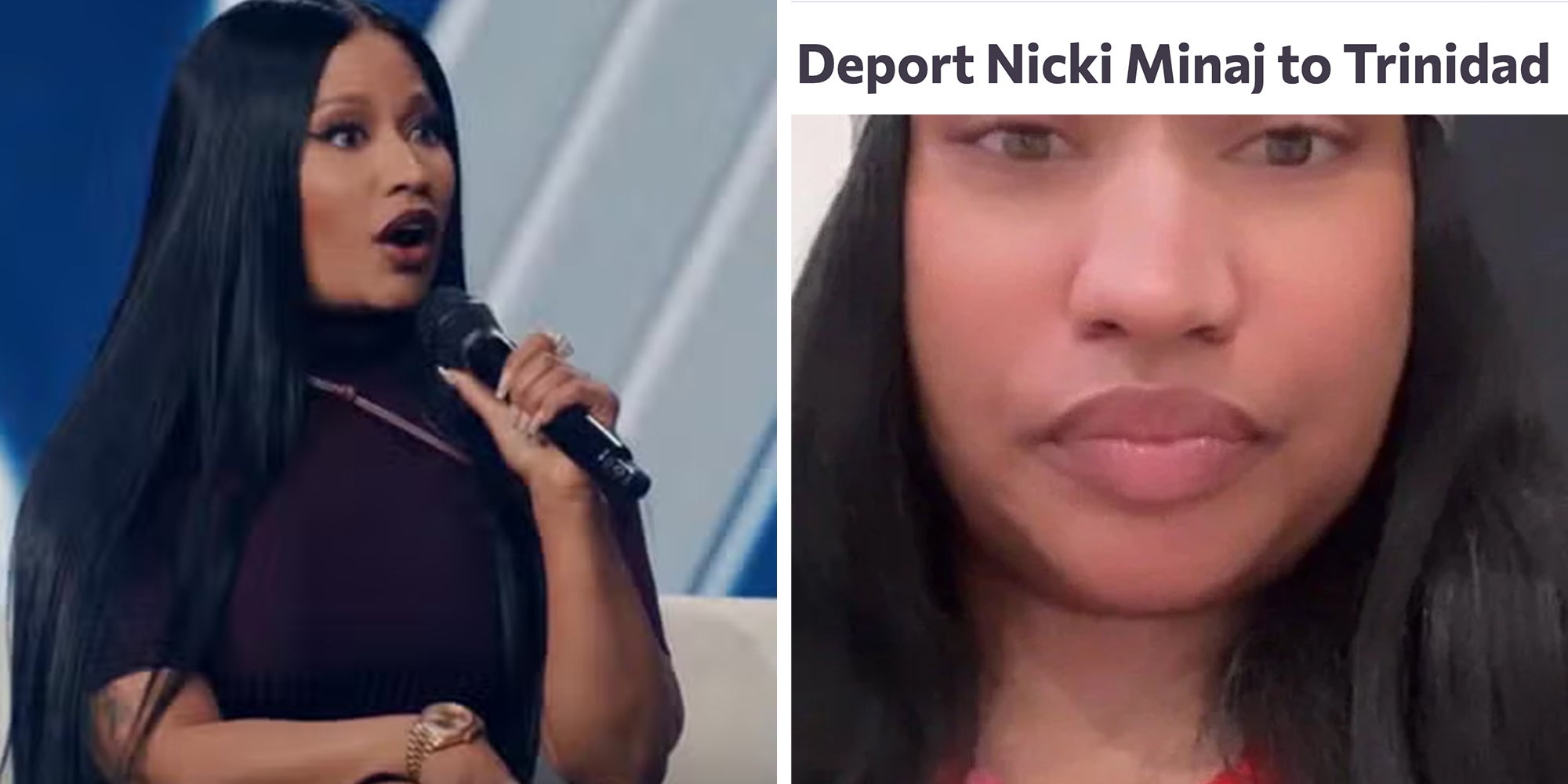Left: Nicki Minaj speaking into a microphone at a Turning Point USA event, onstage during a talk with Erica Kirk. Right: Nicki Minaj selfie, a Change.org petition with text reading, 'Deport Nicki Minaj to Trinidad.'