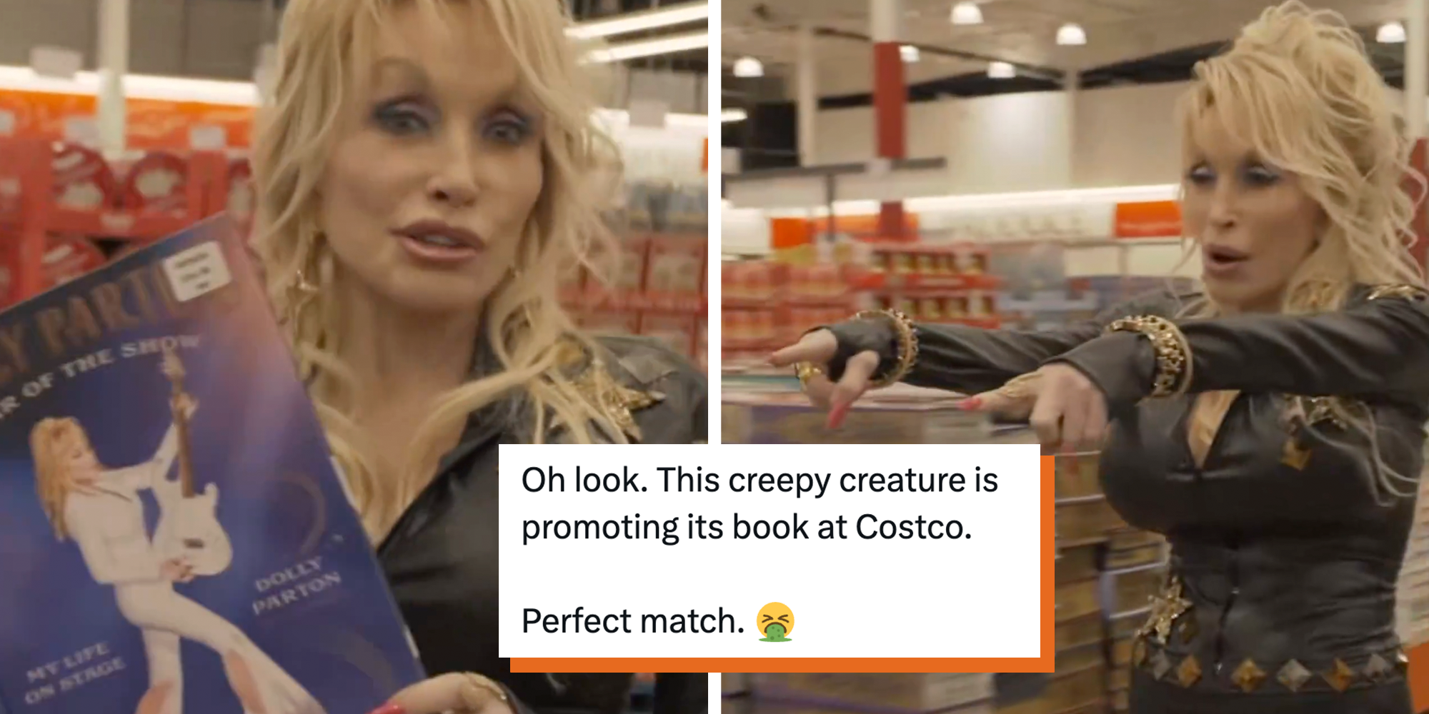 Dolly Parton in a black leather bodysuit at a Costco location. Tweet text overlay reads, "Oh look. This creepy creature is promoting its book at Costco. Perfect match" followed by a vomiting emoji.