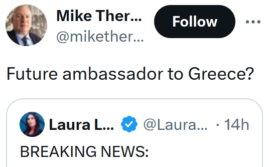 Tweet reading 'Future ambassador to Greece?'