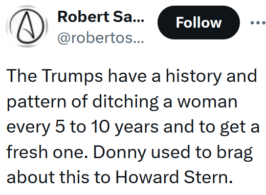 Tweet reading 'The Trumps have a history and pattern of ditching a woman every 5 to 10 years and to get a fresh one. Donny used to brag about this to Howard Stern.'