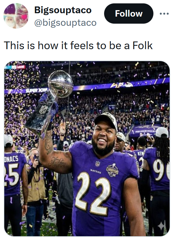 Tweet reading 'this is how it feels to be a Folk' with an AI image of Druski as a Ravens player holding a trophy.
