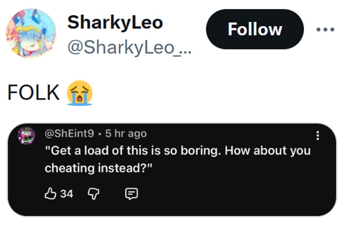 Tweet reading 'FOLK' with a screenshot of a comment reading ''Get a load of this is so boring. How about you cheating instead?''