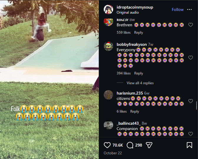 Video of a man crashing his dirt bike into a tree with a caption reading 'Folk' followed by many loud crying emojis.