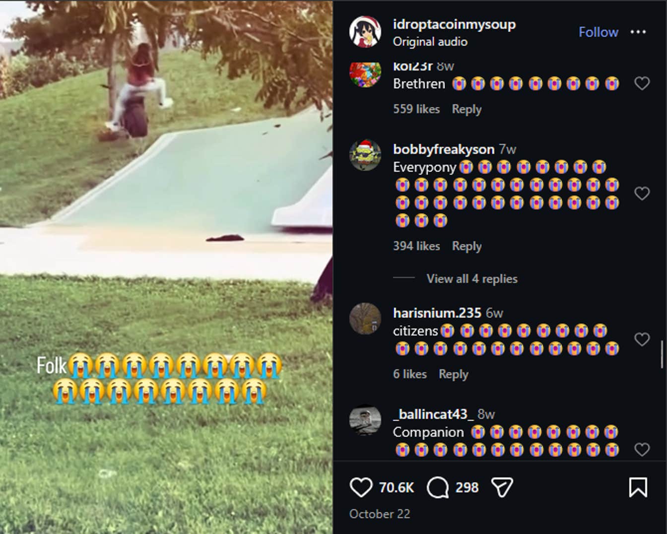Video of a man crashing his dirt bike into a tree with a caption reading 'Folk' followed by many loud crying emojis.