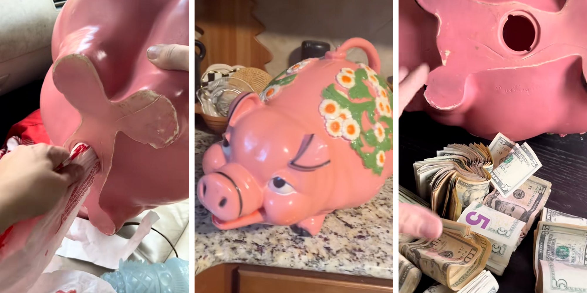 Thrifted pink floral piggy bank from Goodwill, with rolls of money beside it.