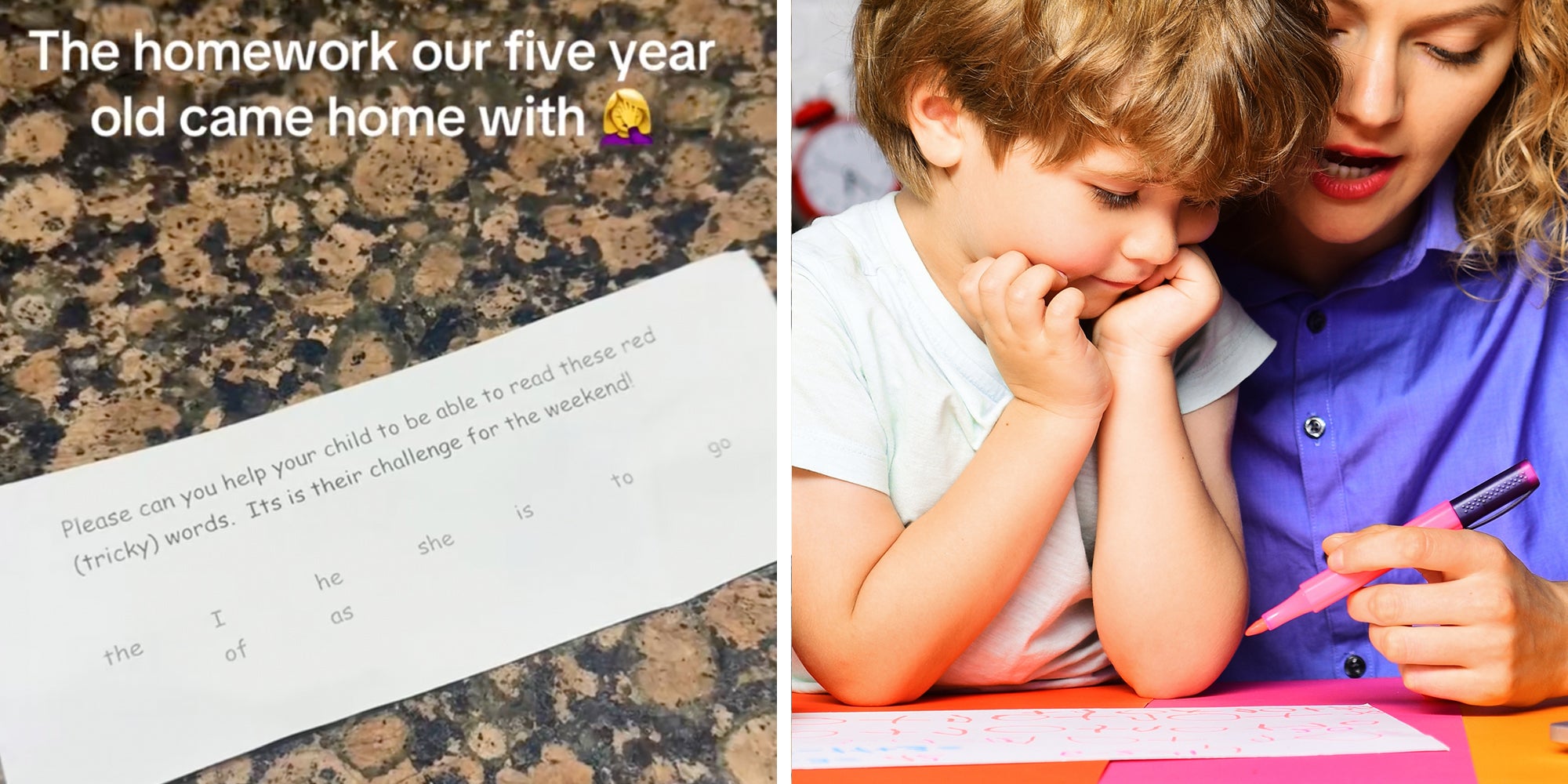 Left: A small sheet of printer paper with elementary school homework printed on it, laying on a marble countertop. Text overlay reads, "The homework our five year old came home with." Right: Female elementary school teacher helping cute schoolboy with homework.