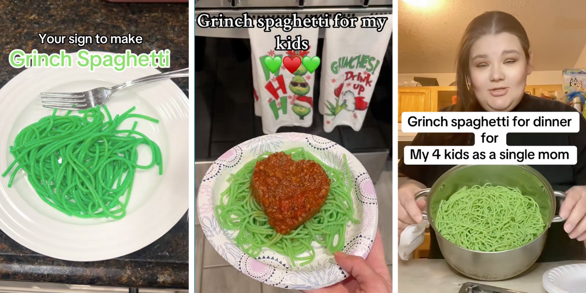 3 panel: Left: Neon-green spaghetti sitting on a white plate next to a fork. Text overlay reads, "Your sign to make Grinch Spaghetti." Middle: A hand holding a paper plate, a pile of green spaghetti sits on the plate below a heart-shaped piece of meat. Text overlay reads, "Grinch spaghetti for my kids." Right: Woman holding a large pot of green spaghetti, text overlay reads, "Grinch spaghetti for dinner for my 4 kids as a single mom."