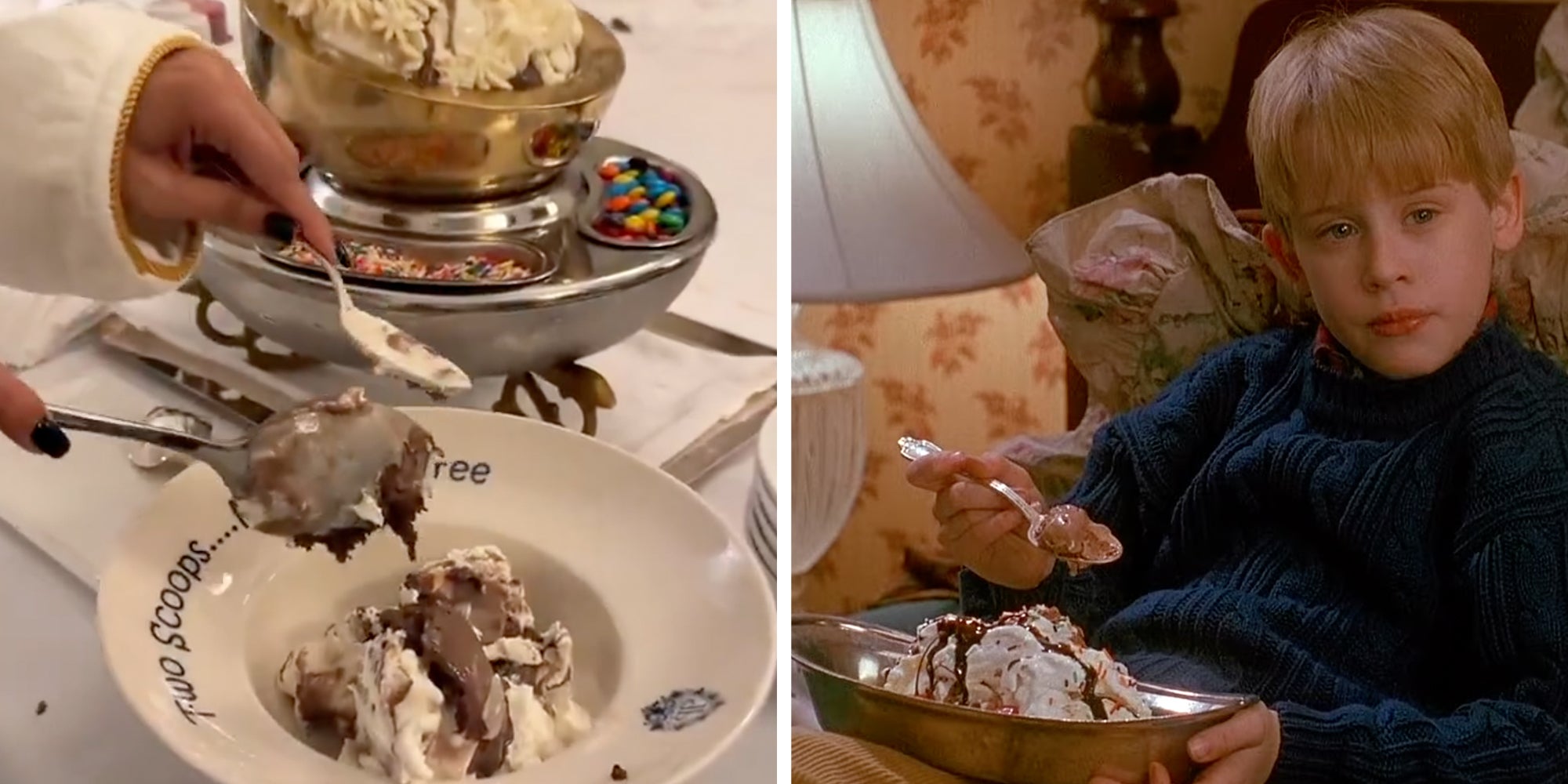 Left: Woman's hands service an ice cream sundae into a plate at the Plaza Hotel in New York City. Right: Kevin McCallister eating an ice cream sundae at the Plaza Hotel in New York City in "Home Alone 2."
