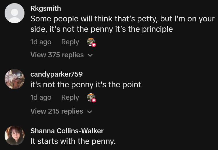 TikTok comments including one reading 'Some people will think that’s petty, but I’m on your side, it’s not the penny it’s the principle'