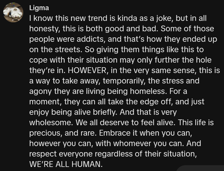TikTok comment reading 'I know this new trend is kinda as a joke, but in all honesty, this is both good and bad. Some of those people were addicts, and that’s how they ended up on the streets. So giving them things like this to cope with their situation may only further the hole they’re in. HOWEVER, in the very same sense, this is a way to take away, temporarily, the stress and agony they are living being homeless. For a moment, they can all take the edge off, and just enjoy being alive briefly. And that is very wholesome. We all deserve to feel alive. This life is precious, and rare. Embrace it when you can, however you can, with whomever you can. And respect everyone regardless of their situation, WE’RE ALL HUMAN.'