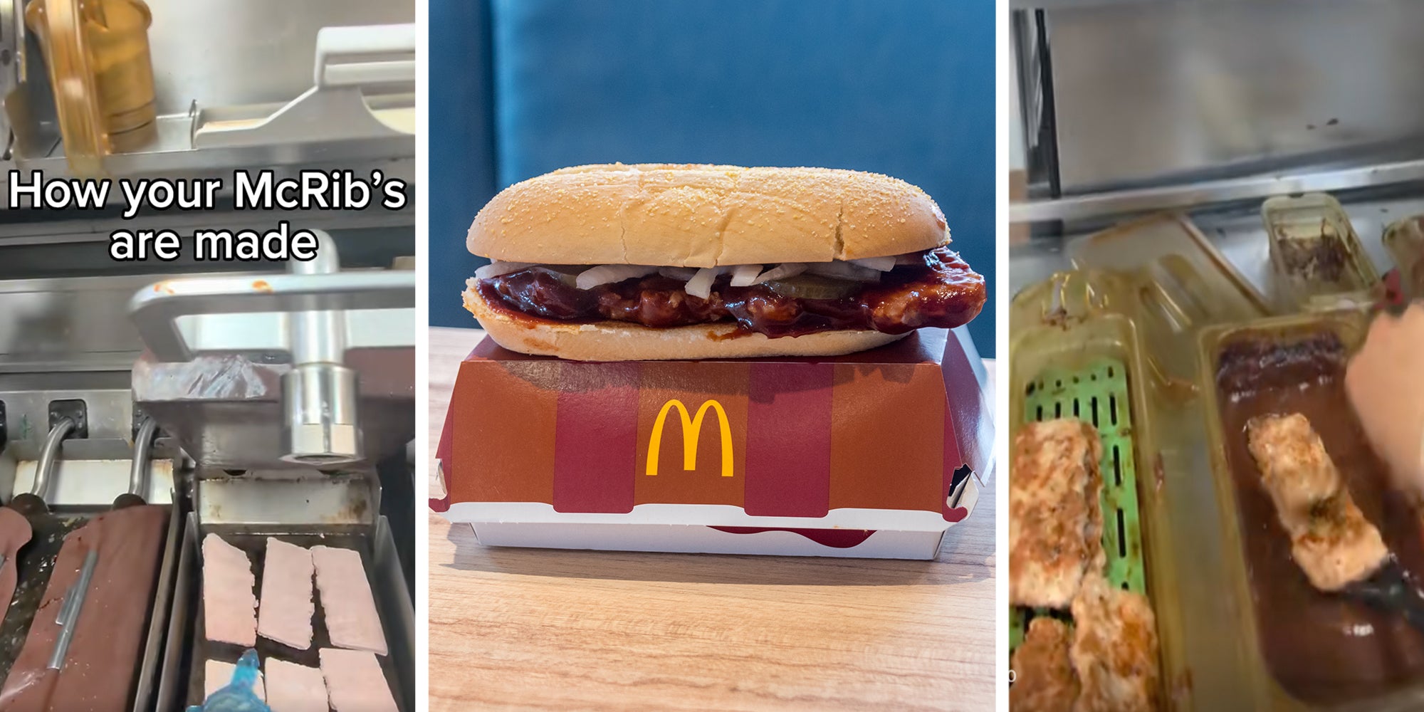 3 Panel: Left: McRib patties on a grill in a McDonald&#039;s, text overlay reads, &quot;How your McRibs are made.&quot; Middle: McDonald&#039;s McRib sandwich sitting atop a McDonald&#039;s box in Kutaisi, Georgia location. Right: McDonald&#039;s McRib patties being dunked in BBQ sauce in a McDonald&#039;s restaurant.