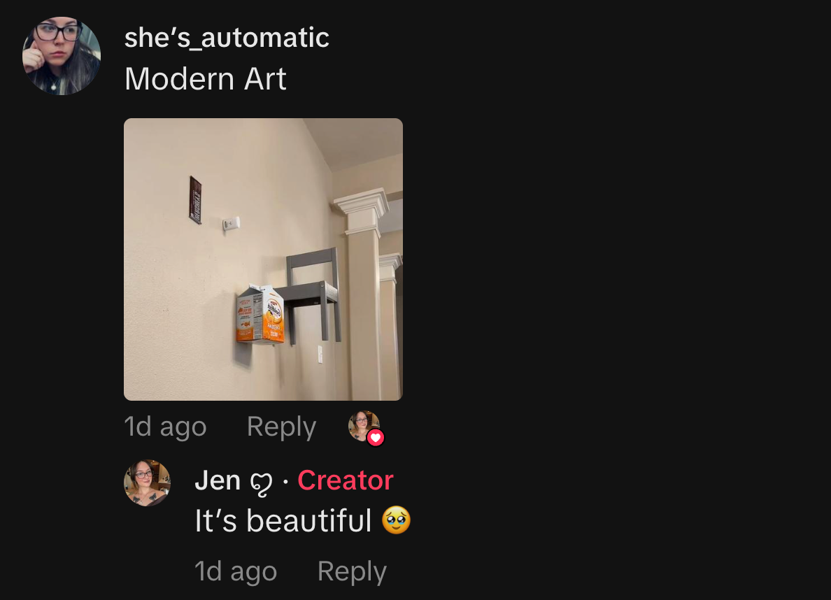 “Modern Art,” commented @shesautomatic. @boredandinheat agreed, “It’s beautiful 🥹.”