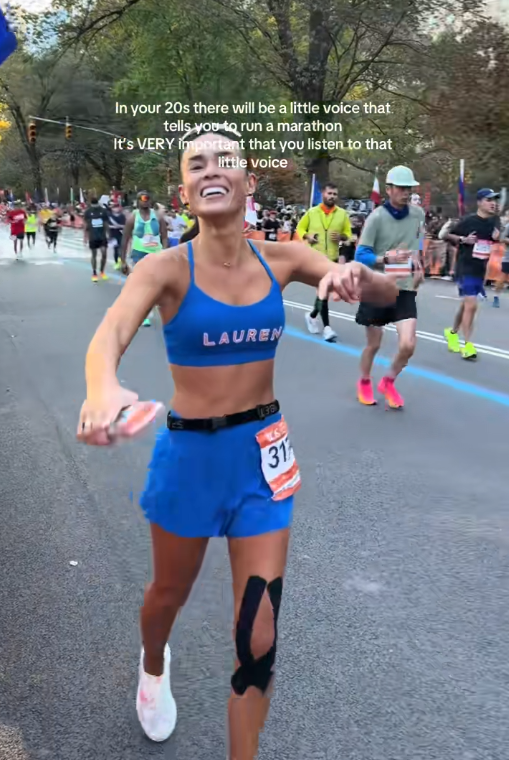 TikTok 'it's very important' trend video showing a woman running a marathon.