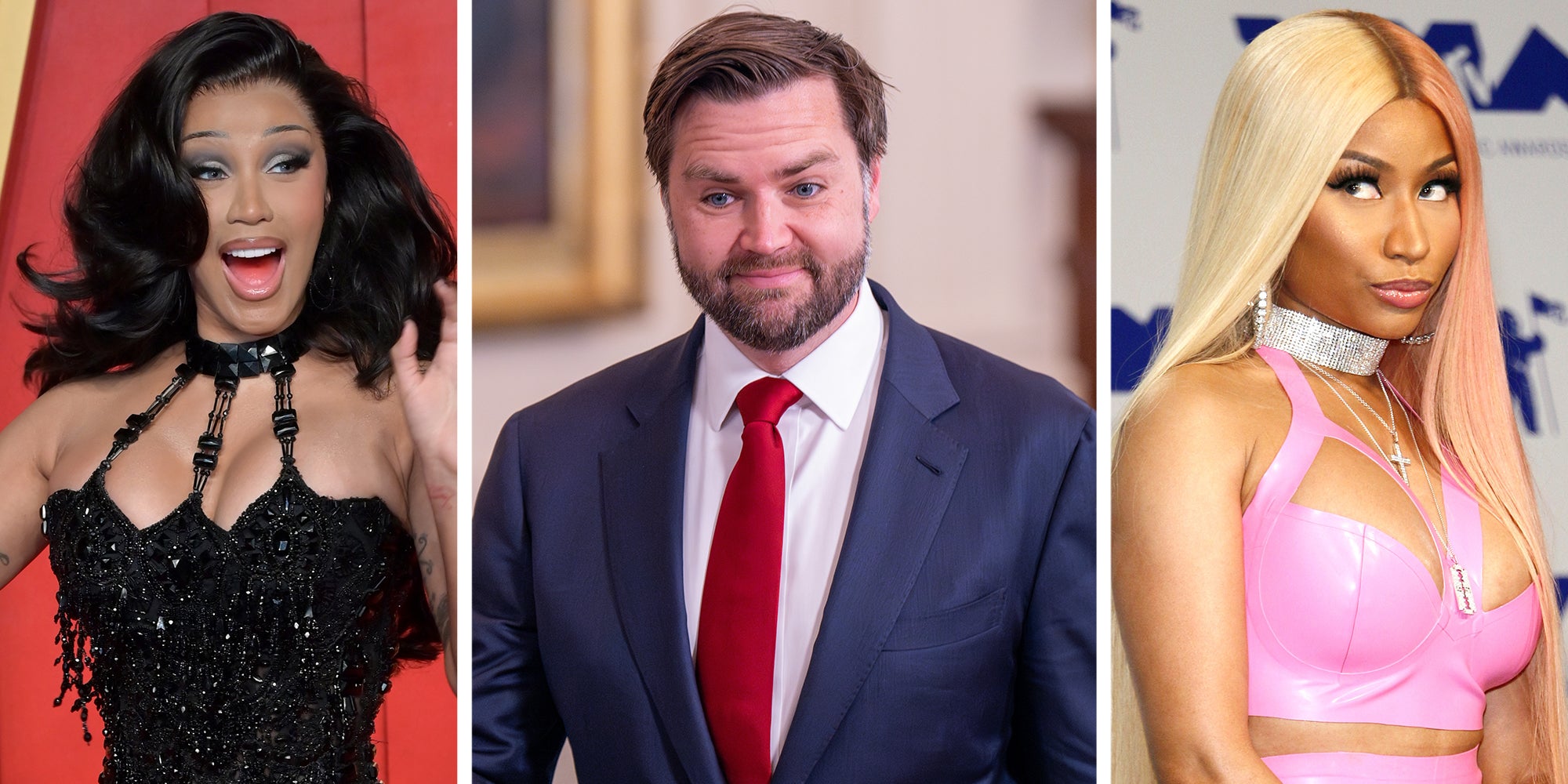 3 panel: Left: Cardi B at the 30th Vanity Fair Oscar Party. Middle: Vice President JD vance attends an event in the East room at the White House. Right: Nicki Minaj at the 2017 MTV Video Music Awards held at the Forum in Inglewood, USA on August 27, 2017.