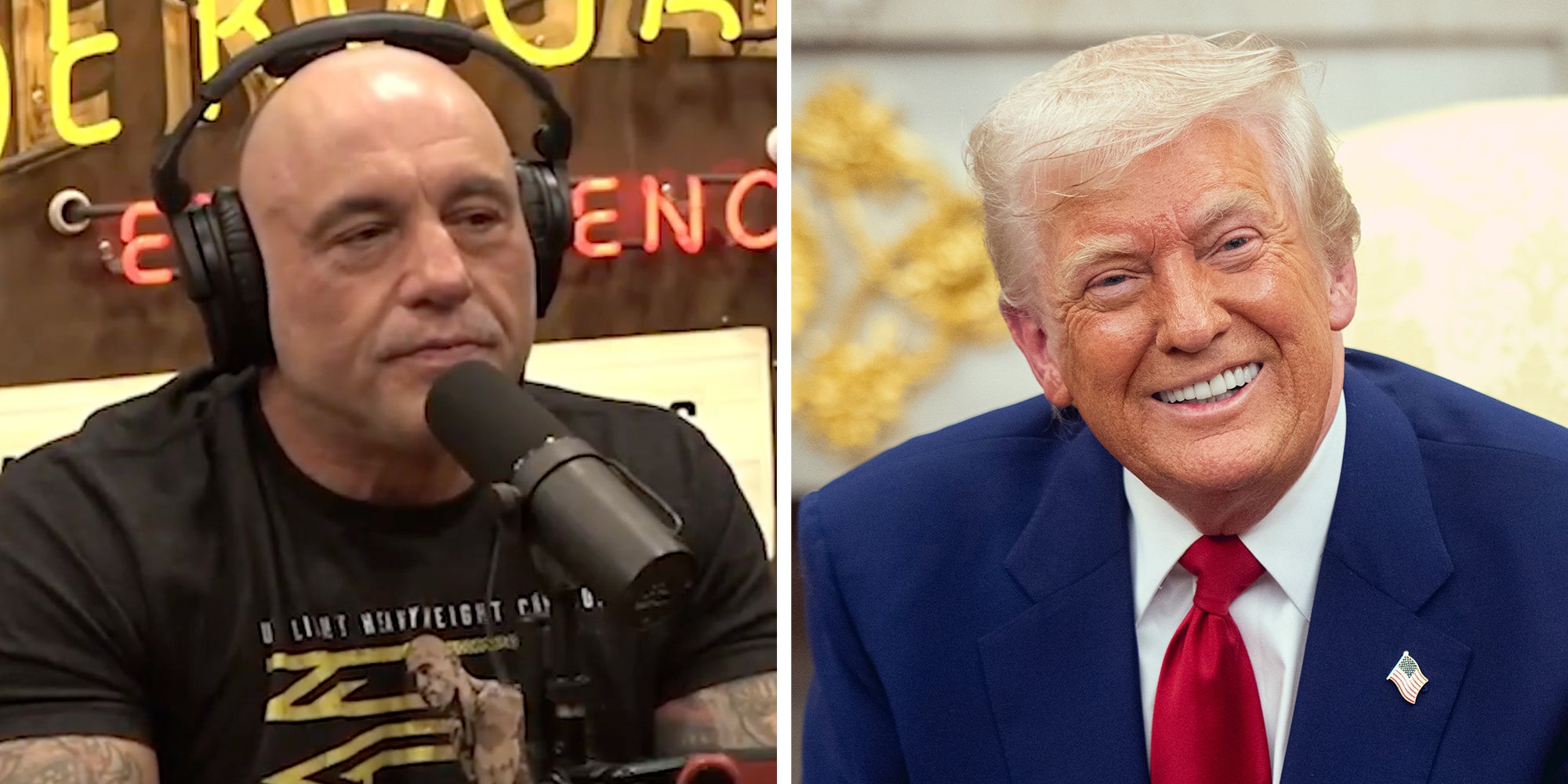Left: Joe Rogan wearing headphones and speaking into a microphone on his podcast, the Joe Rogan Experience. Right: United States President Donald Trump smiling into the camera.