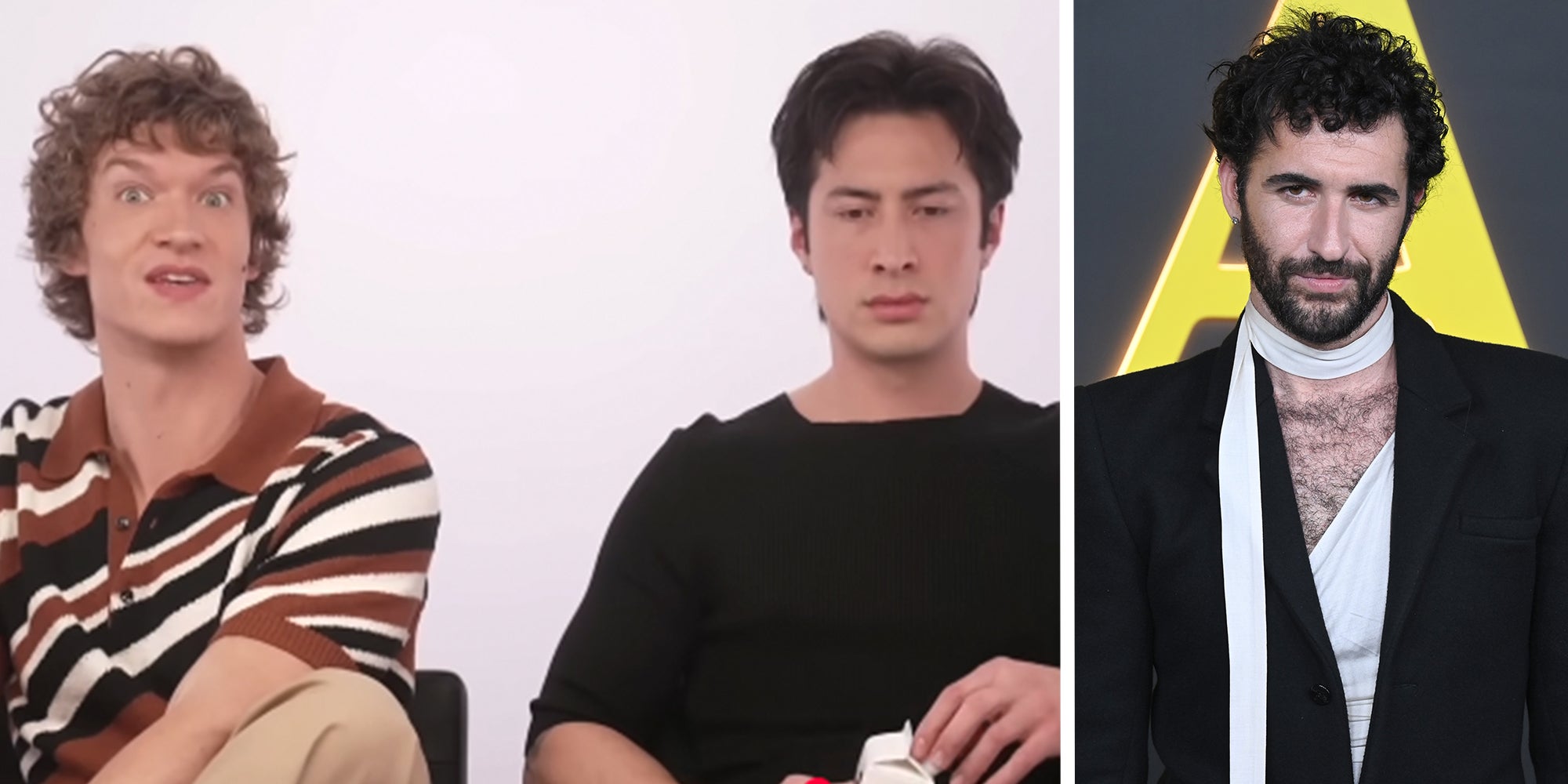 Left: Actors Connor Storrie & Hudson Williams speaking to Collider about Shane and Ilya's romance from the television show "Heated Rivalry." Right: Actor Jordan Firstman at the "I Love LA" Premiere Screening, wearingn a black jaket and white neck scarf.