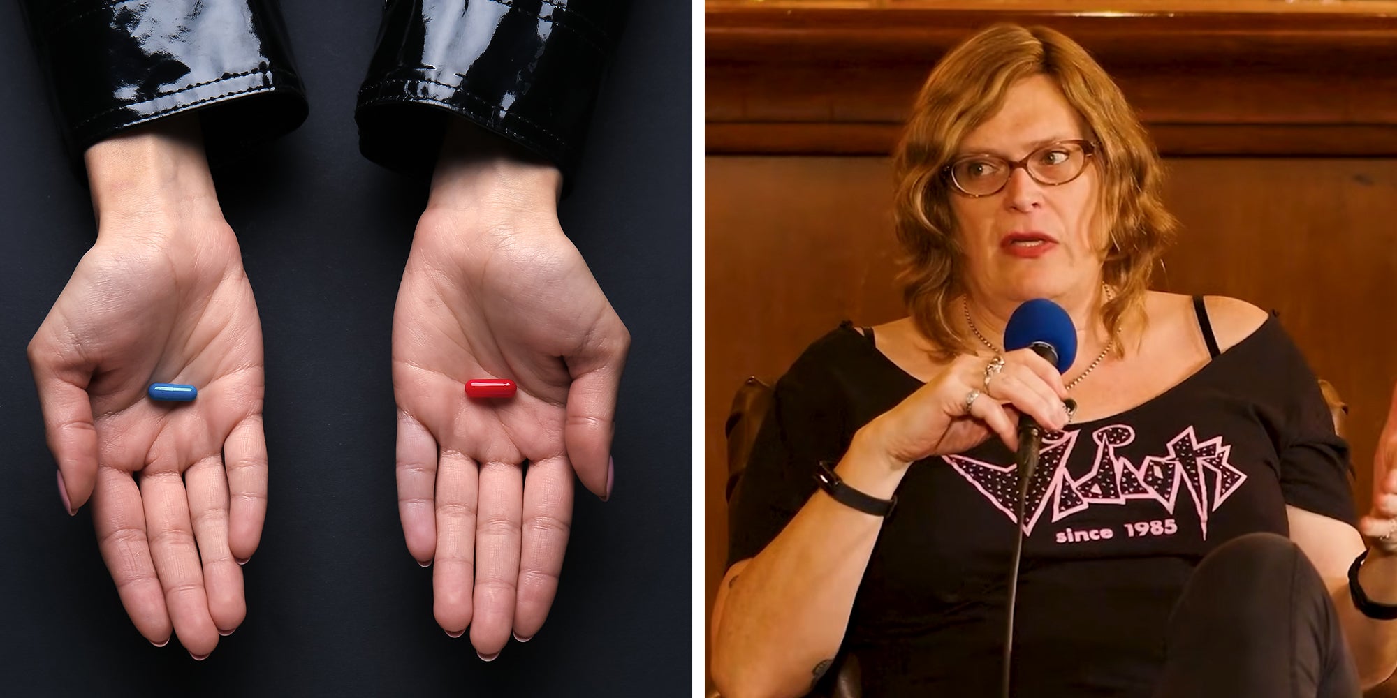 Left: Hands with blue and red pills on dark background. Right: Lilly Wachowski and Caleb Hearon sitting in brown armchairs and speaking into handheld mics. Both are laughing with their legs crossed in front of them.