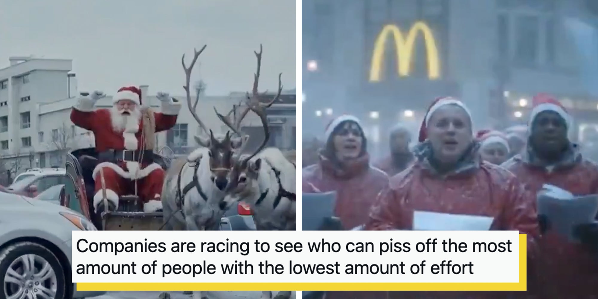 McDonald's AI-generated Christmas ad: Santa Claus in his sled pulled by reindeer, carolers in Santa hats standing in front of a McDonald's restaurant. Tweet text overlay reads, "Companies are racing to see who can piss off the most amount of people with the lowest amount of effort."