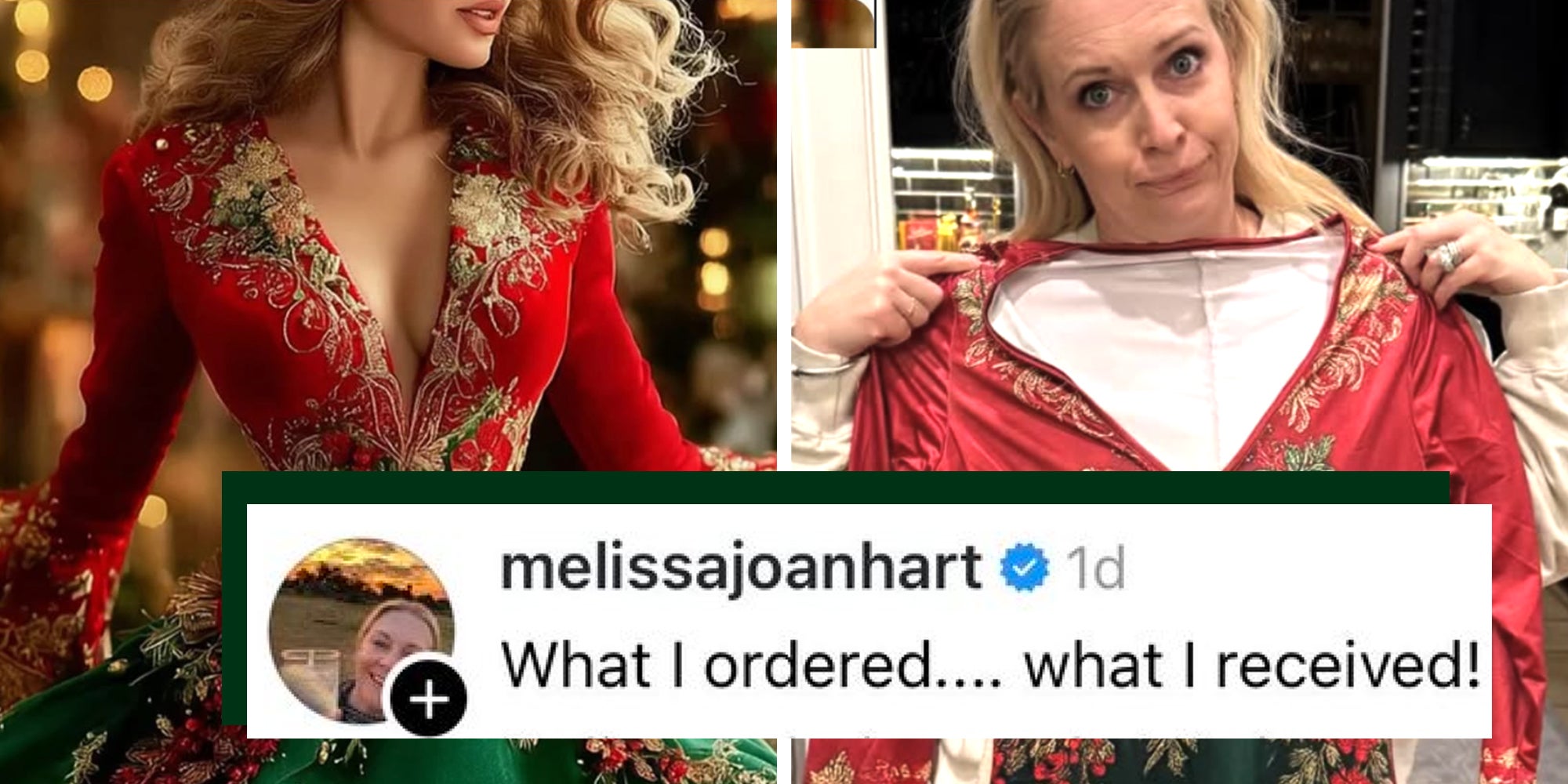 Left: AI-generated image of a woman in a red and green Christmas-themed ball gown. Right: Actress Melissa Joan Hart holding up a polyester v-neck dress. Text overlay is an Instagram caption from Melissa Joan Hart reading, "What I ordered...what I received!"