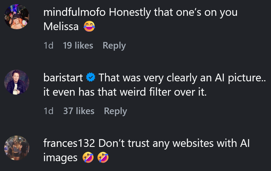 Instagram comments including one reading "That was very clearly an AI picture.. it even has that weird filter over it."