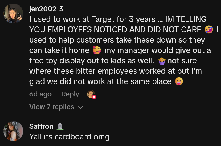 TikTok comments including one reading 'I used to work at Target for 3 years … IM TELLING YOU EMPLOYEES NOTICED AND DID NOT CARE I used to help customers take these down so they can take it home my manager would give out a free toy display out to kids as well. not sure where these bitter employees worked at but I’m glad we did not work at the same place'