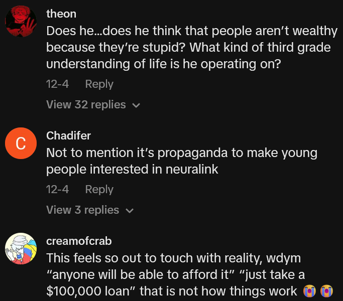 TikTok comments including one reading 'Does he…does he think that people aren’t wealthy because they’re stupid? What kind of third grade understanding of life is he operating on?'