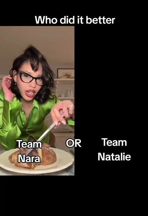 TikTok side-by-side video parodying the Nara Smith choking post.