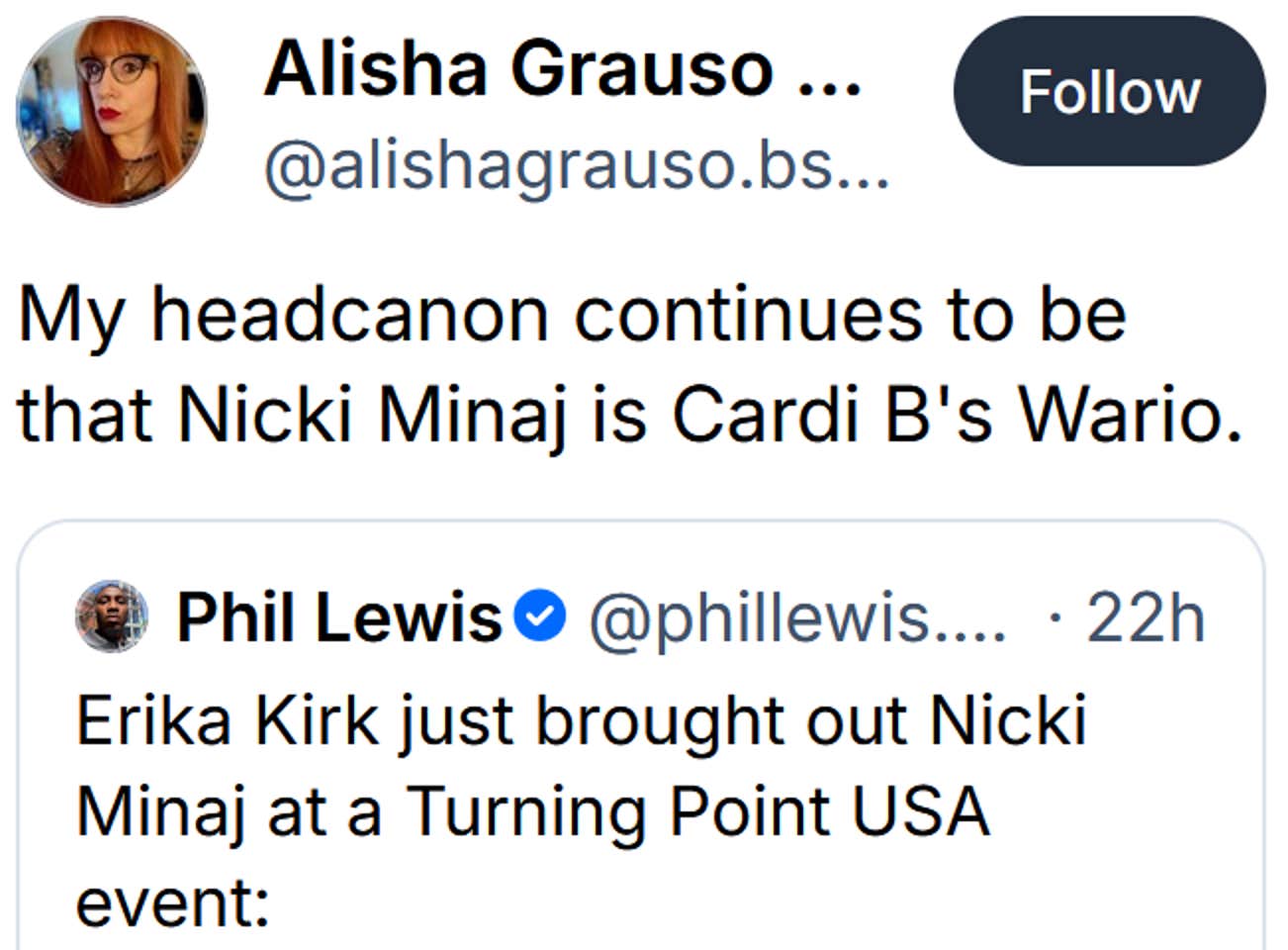 Postagem de Bluesky lendo 'Meu headcanon continua sendo que Nicki Minaj é o Wario de Cardi B.'