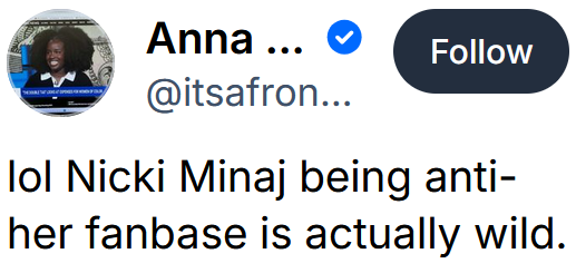 Bluesky post reading 'lol Nicki Minaj being anti-her fanbase is actually wild.'