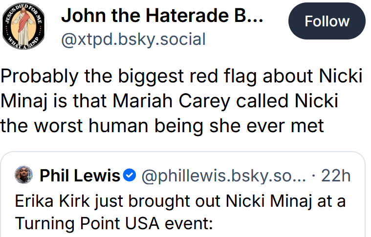 Bluesky post reading 'Probably the biggest red flag about Nicki Minaj is that Mariah Carey called Nicki the worst human being she ever met'