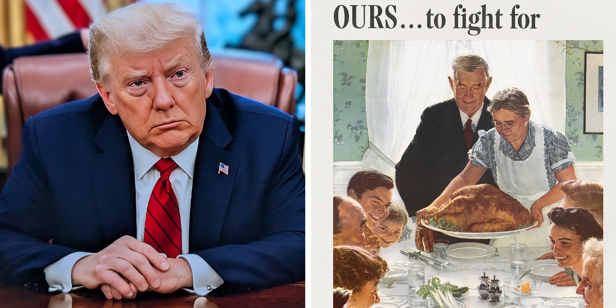 Left: US President Donald trump frowning as he sits behind his desk in the Oval Office. Right: Ours--to fight for : freedom from want (1894-1978), vintage Thanksgiving illustration by Norman Rockwell.