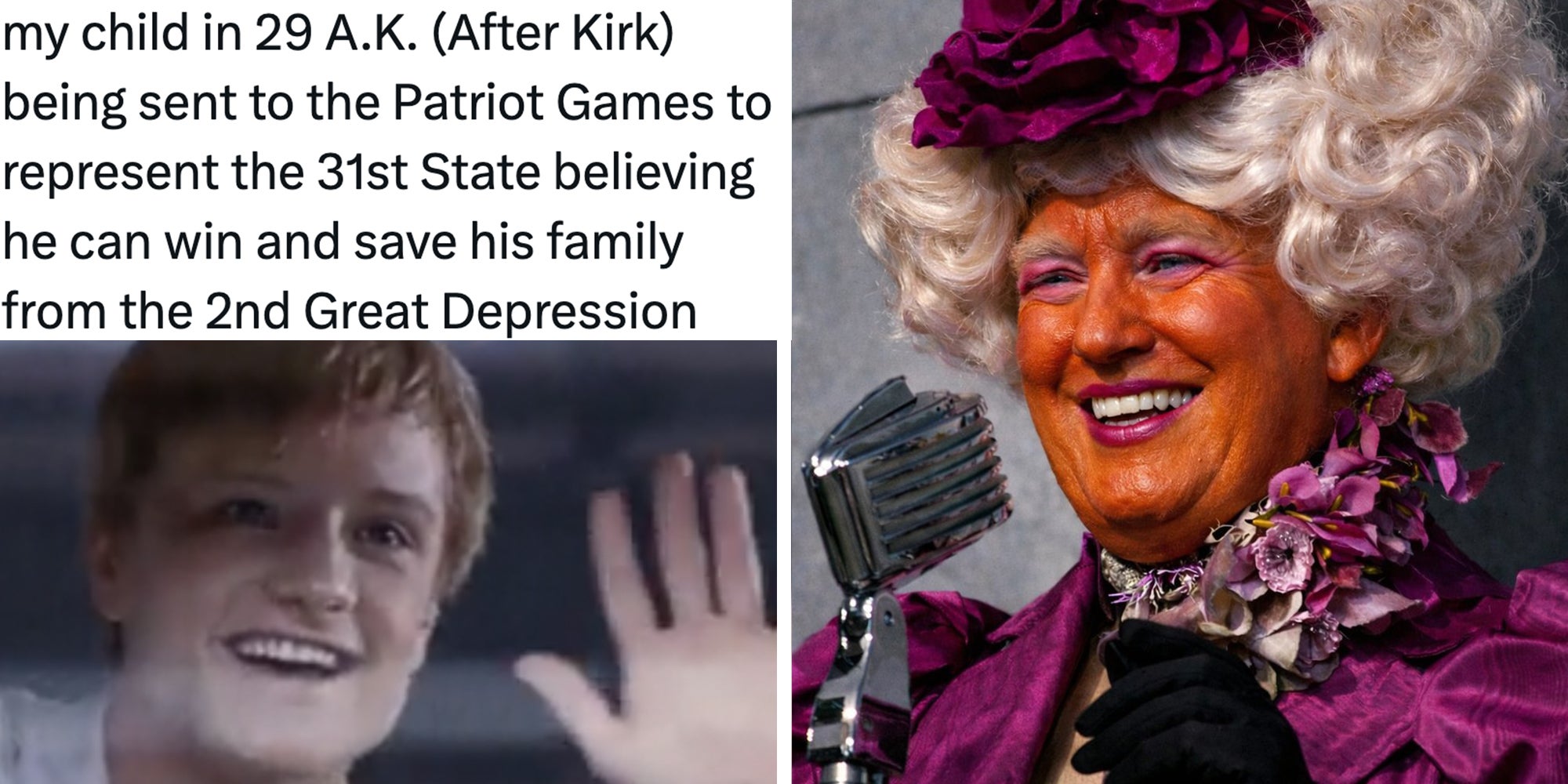 Left: Peeta character from "Hunger Games" waving, tweet text overlay reads, "my child in 29 A.K. (After Kirk) being sent to the Patriot Games to represent the 31st State believing he can win and save his family from the 2nd Great Depression." Right: AI-generated image of Donald Trump dressed as Effie Trinket.