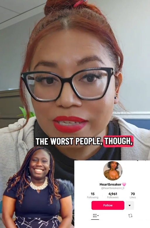 TikTok video of a woman speaking to the camera about Rizzi and Heartbreaker.