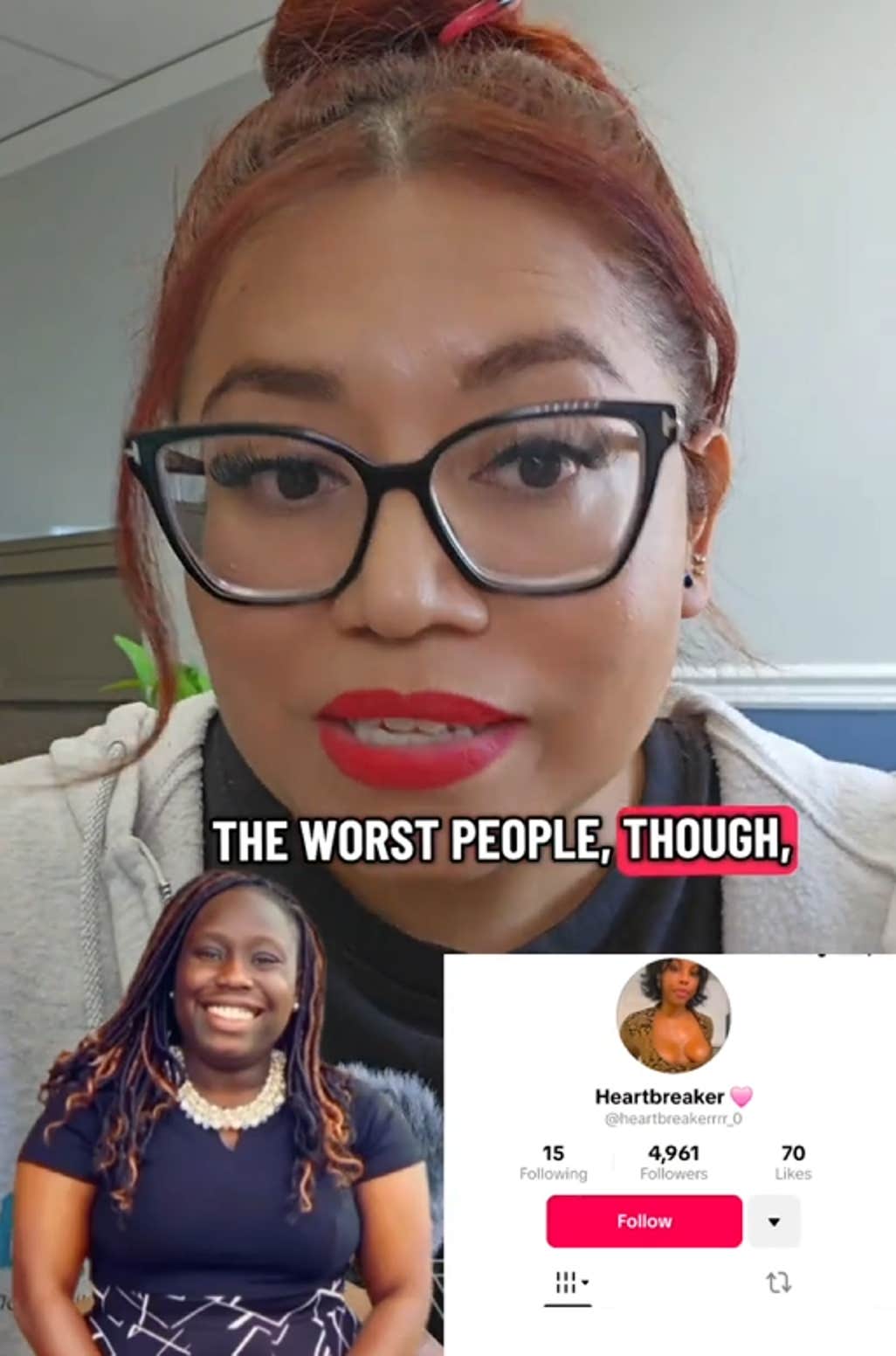 Vídeo TikTok de uma mulher falando para a câmera sobre Rizzi e Heartbreaker.