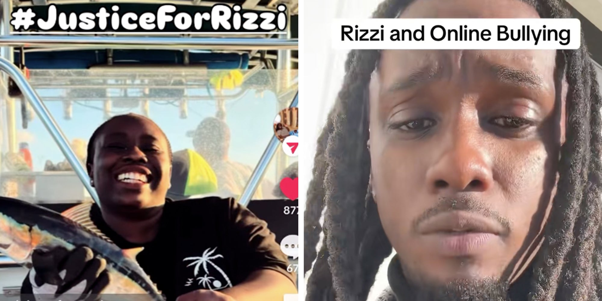Left: Black woman on a boat smiling and holding a fish, text overlay reads, "#JusticeForRizzi." Right: Black man with dreadlocks looking into the camera, text overlay reads "Rizzi and online bullying."