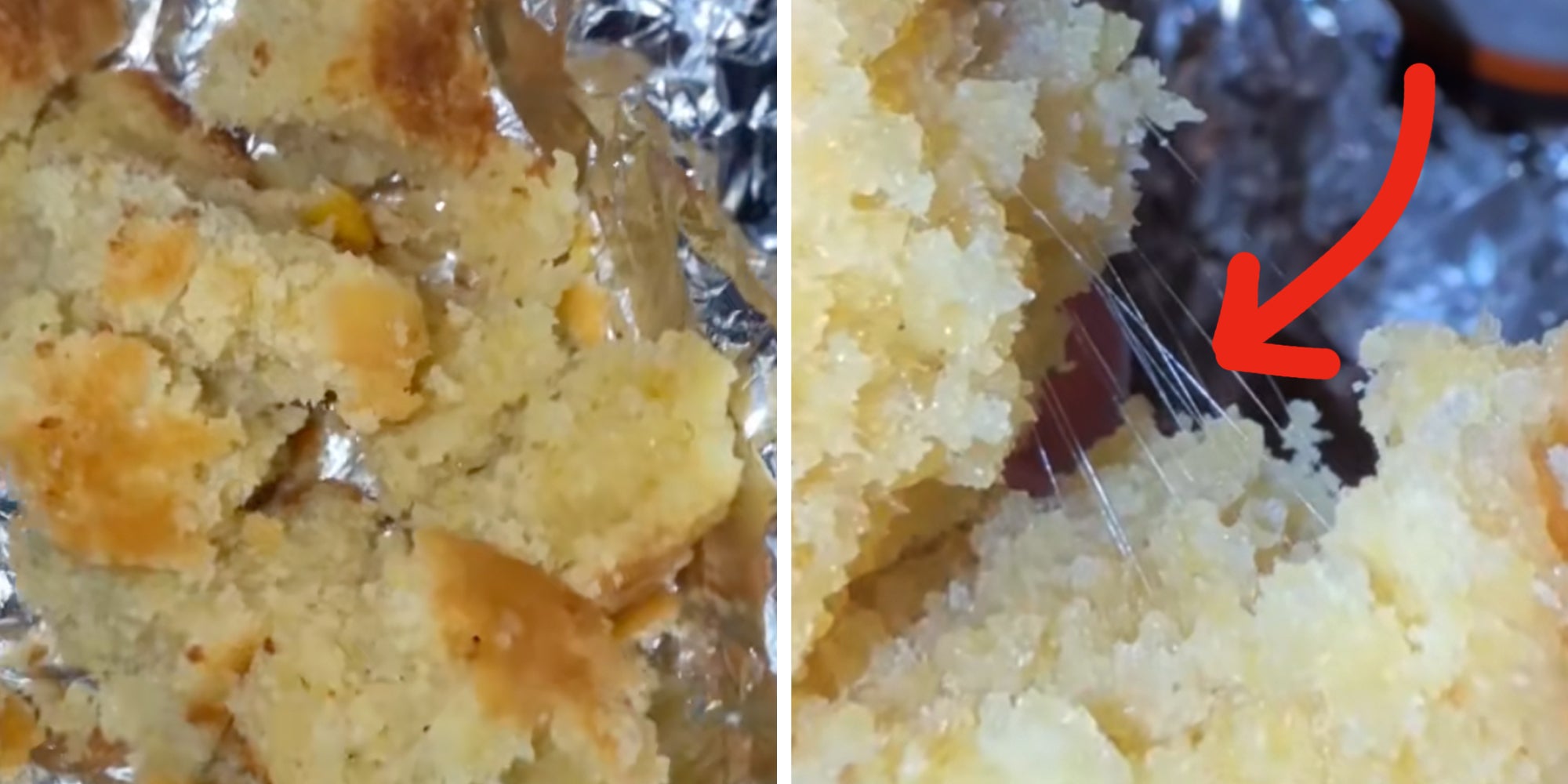 Corn bread being pulled apart with visible white strings indicating "rope spoilage," a heat-resistant bacteria that can cause food poisoning.