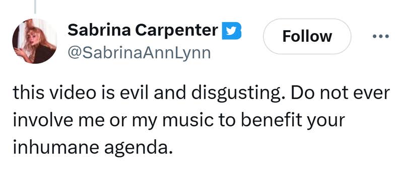 Sabrina Carpenter's tweet response to the deportation video using her song.