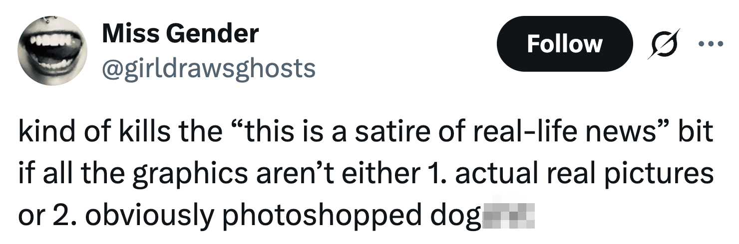 kind of kills the “this is a satire of real-life news” bit if all the graphics aren’t either 1. actual real pictures or 2. obviously photoshopped dogshit
