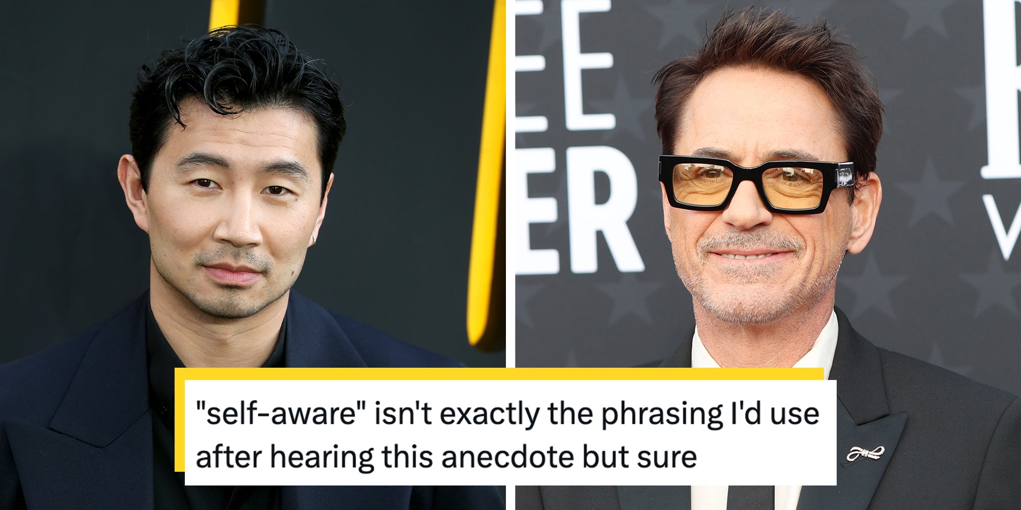 Left: Simu Liu attends the Thunderbolts UK Special Screening at Cineworld Leicester Square in London, England. Right: Robert Downey Jr at the 29th Annual Critics Choice Awards - Arrivals at the Barker Hanger on January 14, 2024 in Santa Monica, CA. Tweet text overlay reads, ''self-aware' isn't exactly the phrasing I'd use after hearing this anecdote but sure.'
