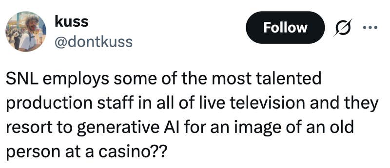 SNL employs some of the most talented production staff in all of live television and they resort to generative AI for an image of an old person at a casino??