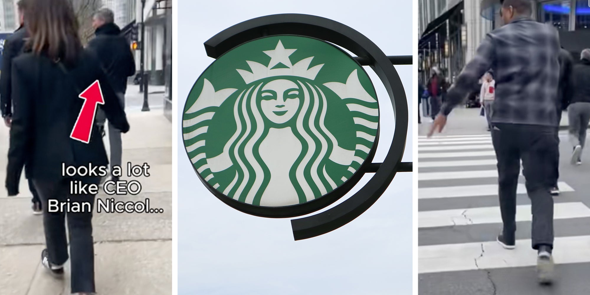 3 Panel: Left: Three people in dark jackets walking down the sidewalk, overlay of a red arrow pointing at one of them alongside text reading, "looks a lot like CEO Brian Niccol..." Middle: Starbucks sign against a gray sky. Right: Men running across pedestrian crosswalk.