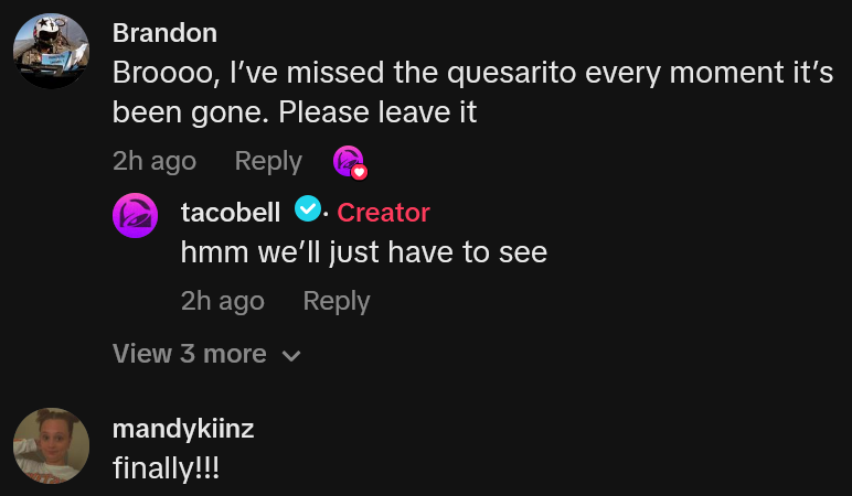 TikTok comments including one reading 'Broooo, I’ve missed the quesarito every moment it’s been gone. Please leave it'