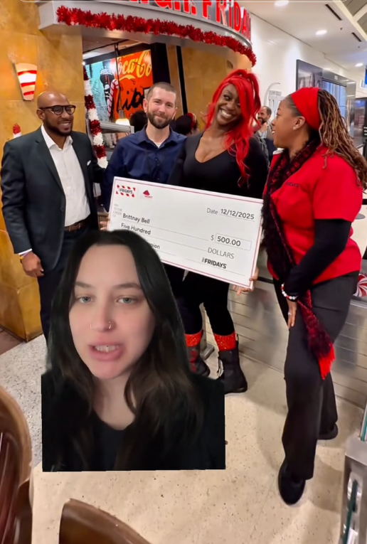 TikTok video of a woman speaking over a photo of Brittany Bell posing with the TGI Fridays $500 check.