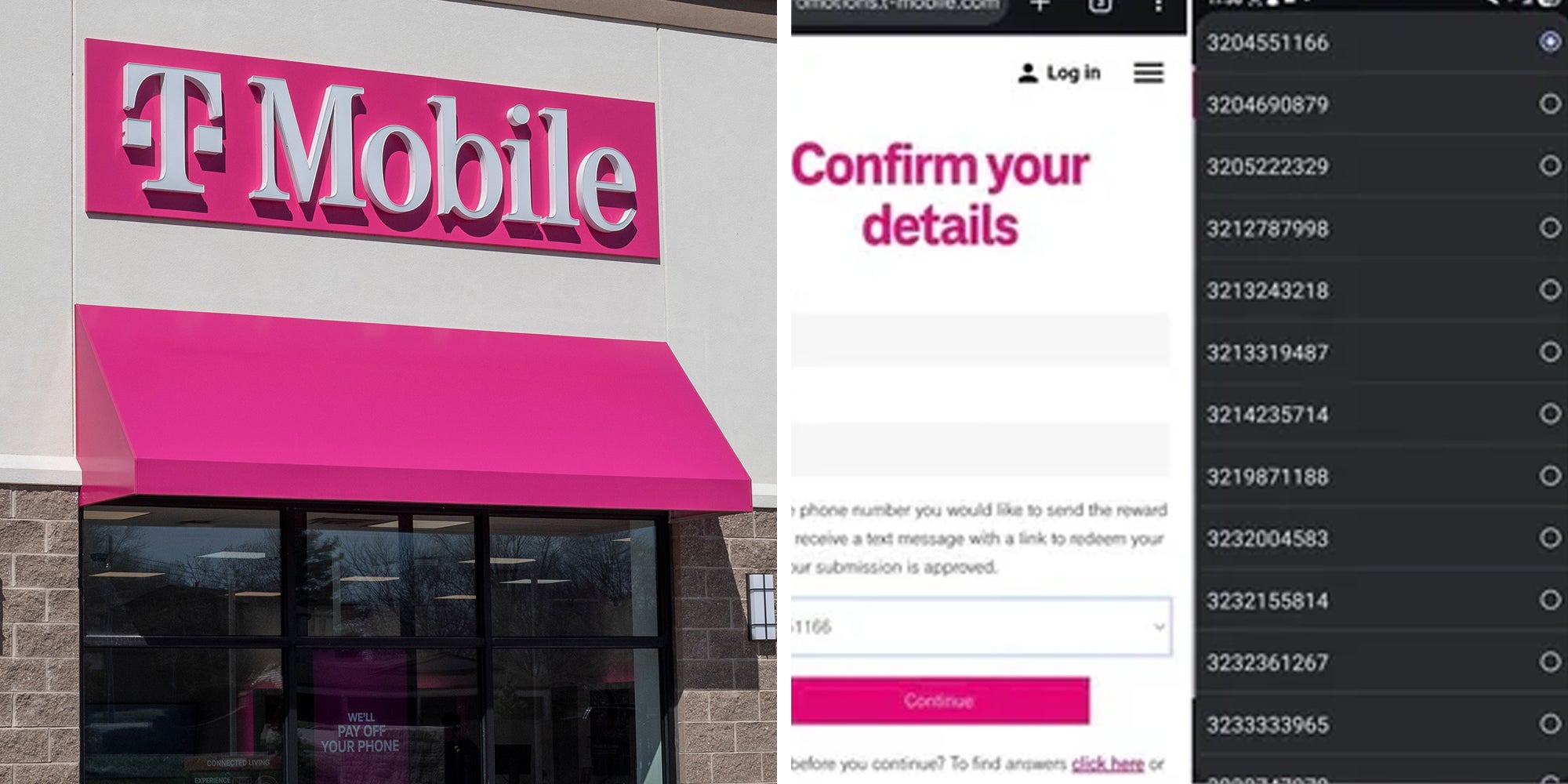 Left: T-Mobile cell and mobile phone store location. Right: Screenshot of a T-Mobile app showing a dropdown list of phone numbers.