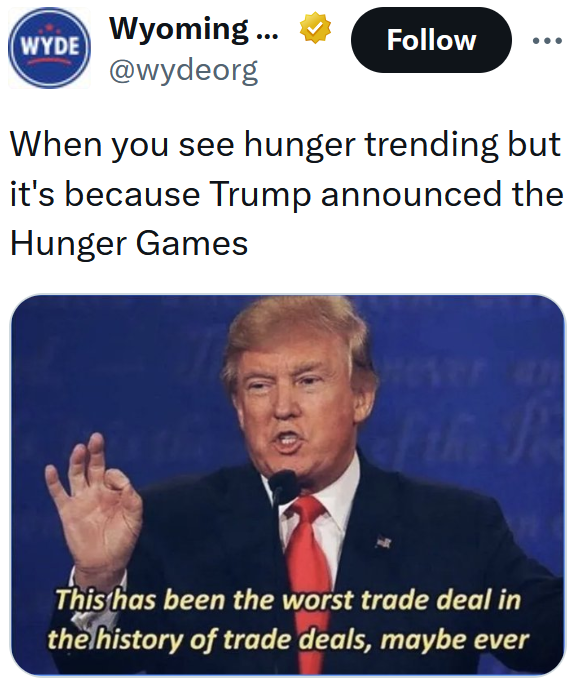 Tweet reading 'When you see hunger trending but it's because Trump announced the Hunger Games'