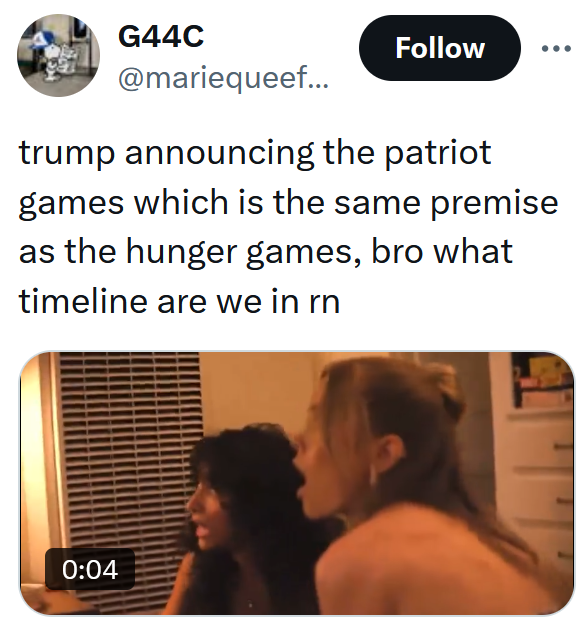 Tweet reading 'trump announcing the patriot games which is the same premise as the hunger games, bro what timeline are we in rn'